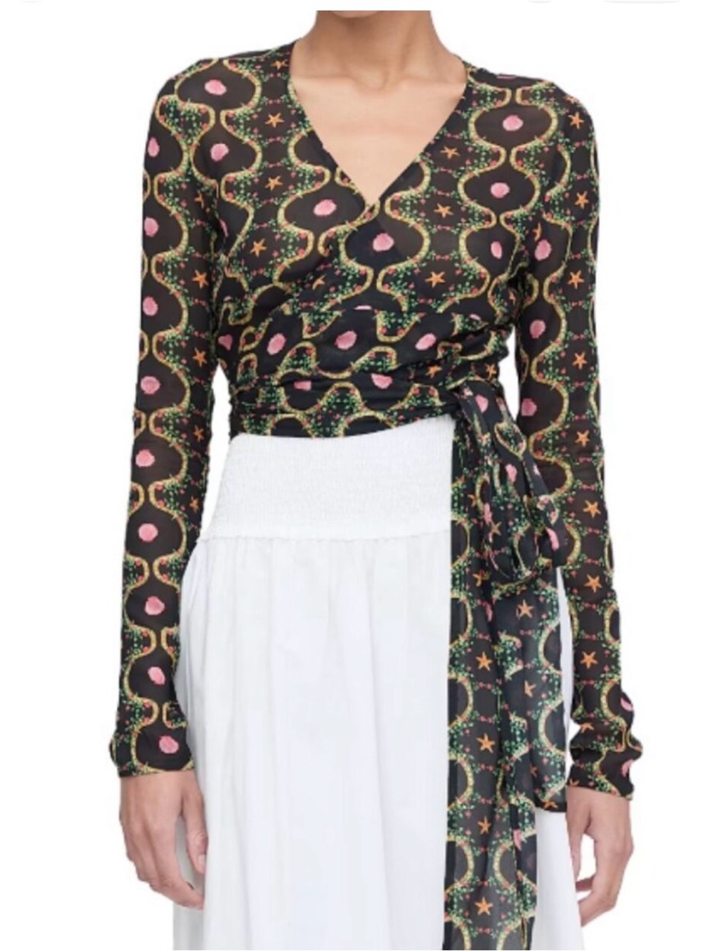 NWT Hill House Home Aviva Wrap Front Long-Sleeve Top in Black with Pink & Green